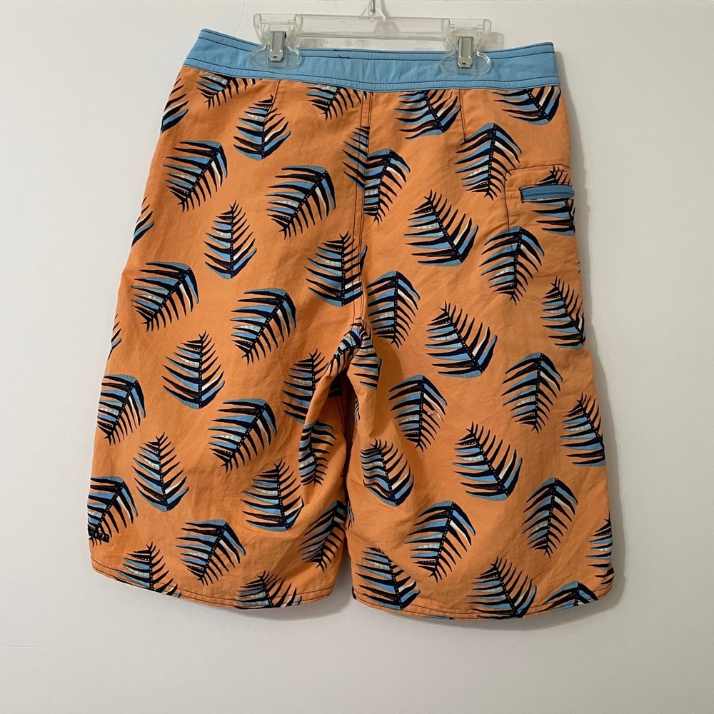 Patagonia Boys Board Shorts Orange Palm Leaf Print‎ Elastic Waist Drawstring 10